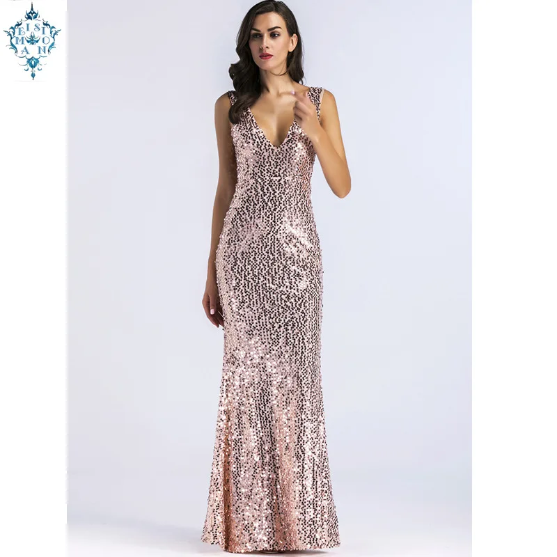 

Ameision 2019 women Sexy V-neck sleeveless beaded sequined dresses simple court train long evening dress