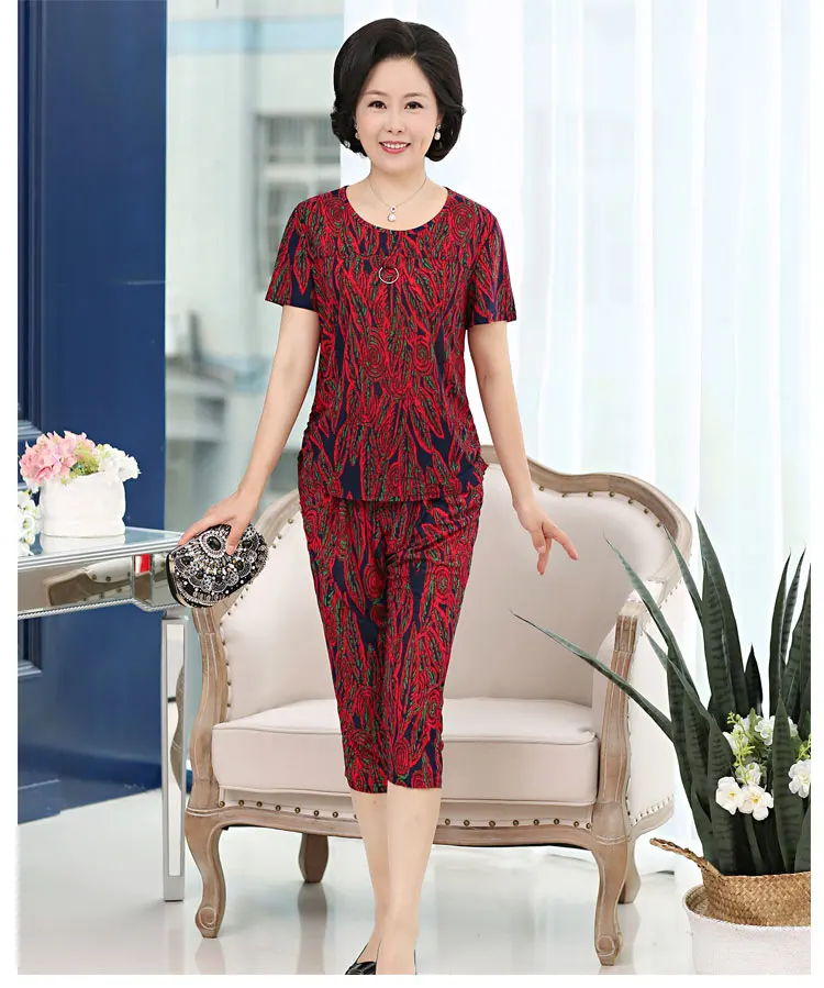 Summer Milk silk short-sleeved suit middle-aged women plus size print tops +pants suit grandmother loose 2 pieces suits AS1002