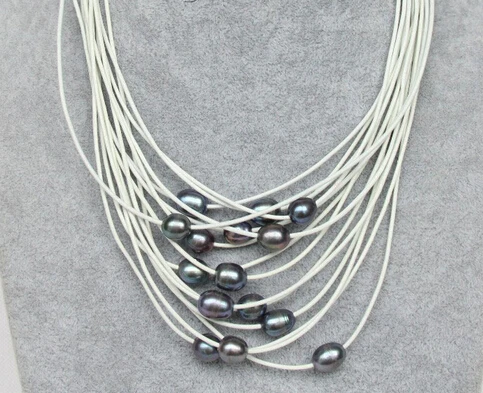 

Jewelr 006052 11-13mm 17"-24"15row black FW pearls white leather necklace