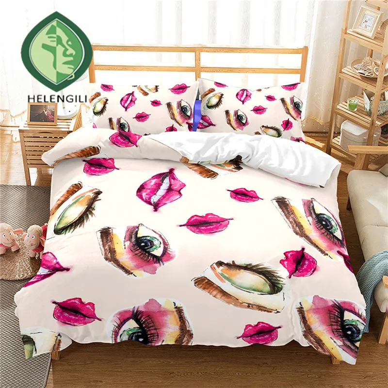 

HELENGILI 3D Bedding Set Lips Print Duvet cover set lifelike bedclothes with pillowcase bed set home Textiles #Z-13