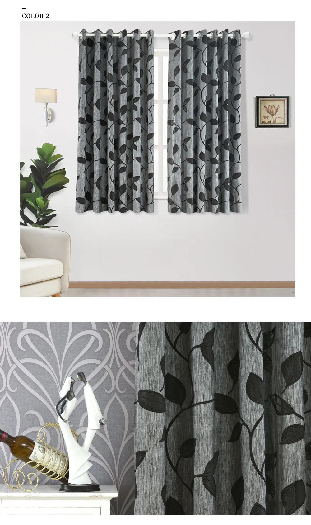 LOZUJOJU Pastoral Leaves Jacquard Short Drapes for Living Room Windows Thick Fabric Semi Shade Grommet Top Ready Made Modern (2)