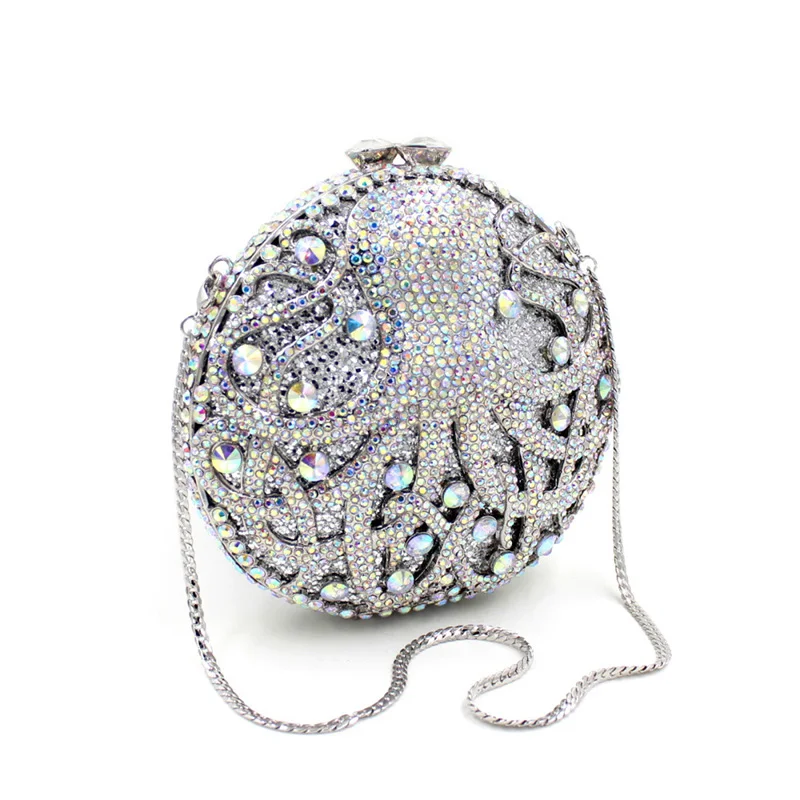 Octopus Circular Round Ladies Crystal Evening Clutch Bag Rhinestones