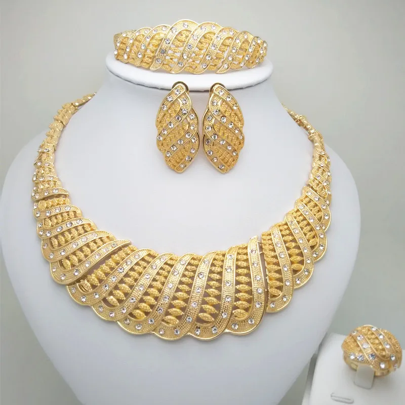 African Beads Jewelry Set Gold Color Bridal Jewelry Sets For Women Indian Wedding Jewelry Necklace Earrings Set Resizable