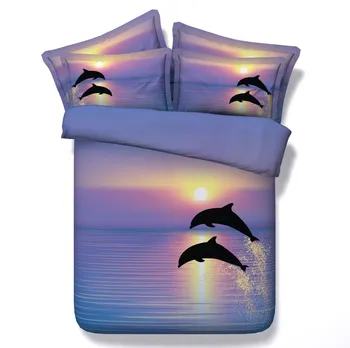 

3D Dolphin Bedding set Sunset quilt duvet cover bed sheet linen bedspread Sea Animal California King size queen full double 4PCS