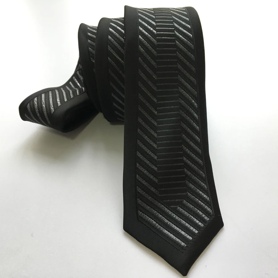 

2017 Fashion Skinny Slim Tie Jacquard Woven Necktie Black with Silver Vertical Stripe Panel Gravata