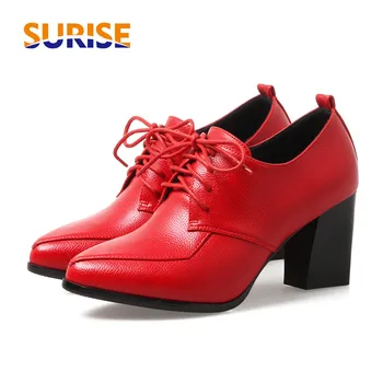 

Casual British Women Pumps PU Leather 7cm Thick Block Chunky High Heel Pointed Toe Lace Up Spring Autumn Dress Lady Derby Brogue