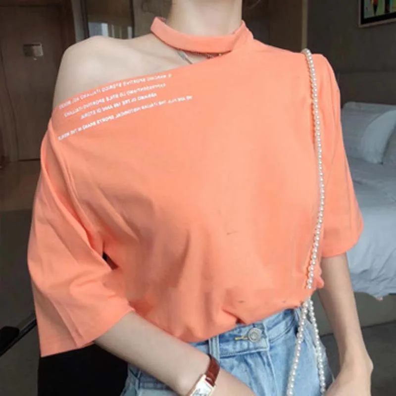 

Summer women girls Garment 2019 sexy loose Short-sleeved T-shirt Leaky Shoulder Half-sleeve cotton pullover ladies elegant tops