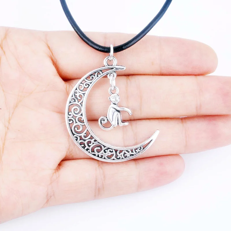 

Antique silver plated crescent moon small monkey charm leather chain necklace new fashion women jewelry necklace XY160229
