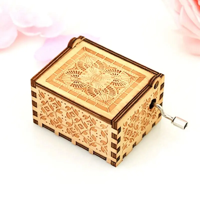 Vintage Carved Wood Clockwork Music Box Resin Hand Crank Bedside Desktop Decor New Year Birthday Festival Gifts