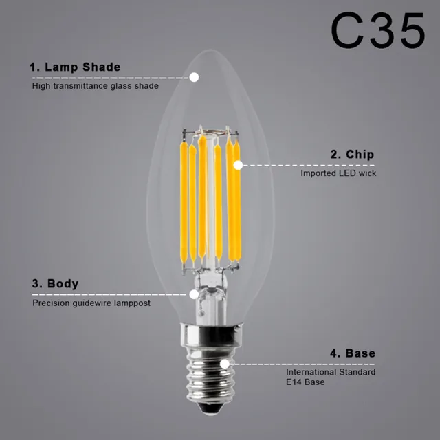 WEEVA LED Filament Bulb E27  E14 Vintage Edison Lamp Chandelier Lighting  Home Decor  DIMMABLE COB 220 Globe Retro Candle Light