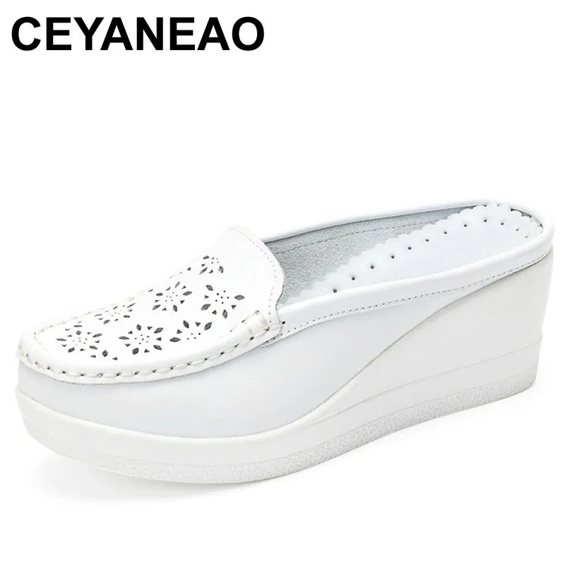 

CEYANEAO New Cutout Platform Shoes Woman Summer Split Leather Slippers White Nurse Shoe Moccasins Wedges Slides for WomenE826
