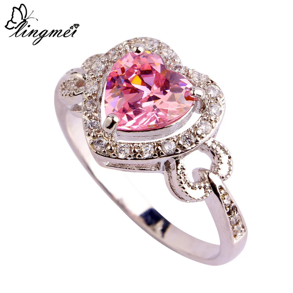 Женское романтическое кольцо lingmei Love розовое и белое серебряное с кубическим