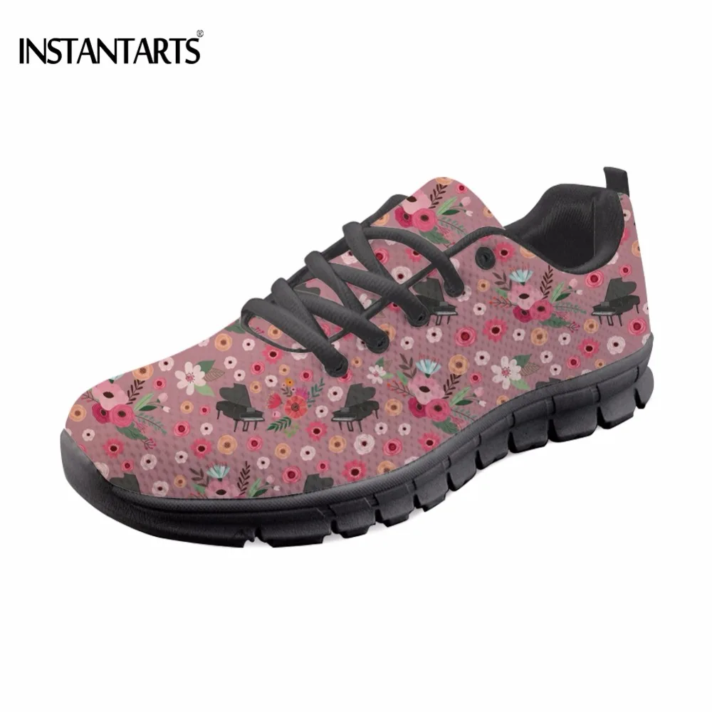 

INSTANTARTS Breathable Girl Summer Lace-up Sneakers Funny Music Piano/Electric Guitar Floral Pattern Woman's Flats Shoes Loafers