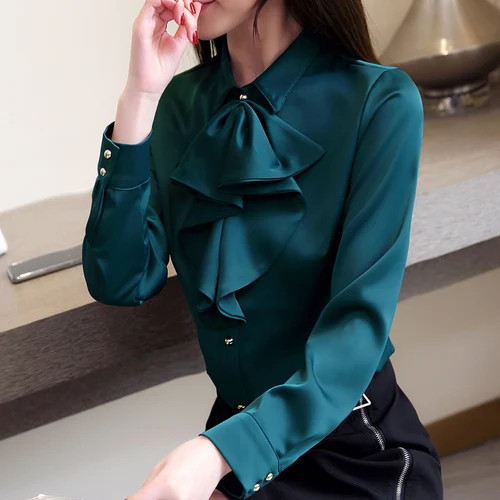 Большие размеры, весенние женские блузки, модные женские топы и блузки OL, шифоновая блузка, женские рубашки с длинным рукавом 2030 50 - Цвет: Зеленый