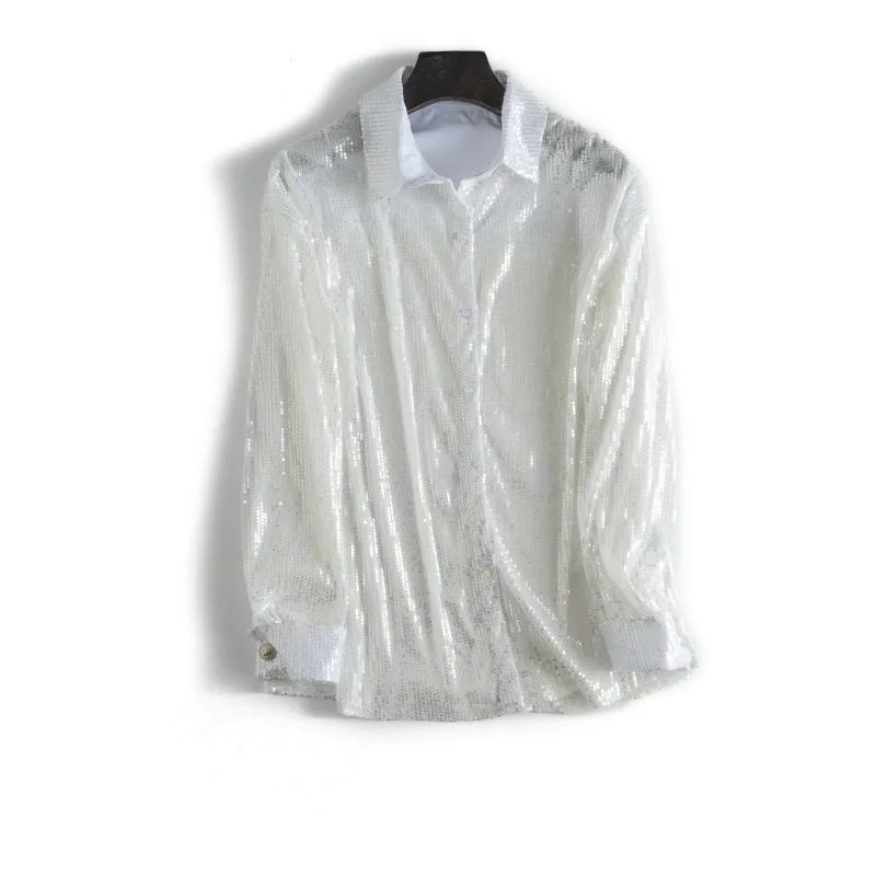 

LTD1199018 2019 New Sequins Blouses Women Spangly Shirts Long Sleeves Giltter Buttons Dance Stage Female Turn Collar Vestidos