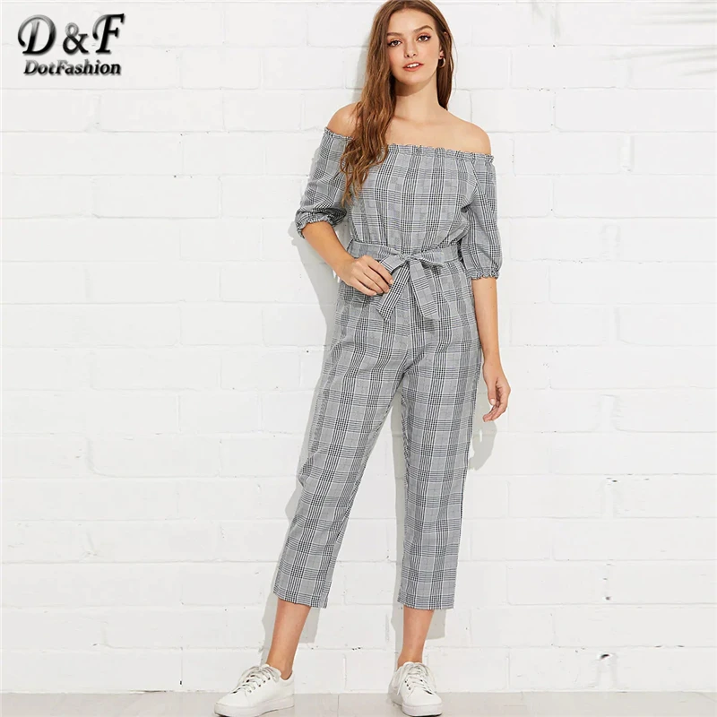 

Dotfashion Grey Off Shoulder Tie Waist Plaid Jumpsuits For Women 2019 Elegant Overalls Spring Half Sleeve High Waist Jumpsuit