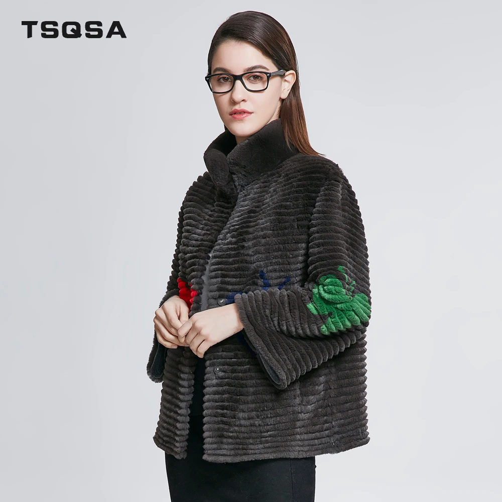 Excellent TSQSA 2018 Fashion Real Rabbit Fur Coats Women Rex Rabbit With Floral Lady Clothing Natural Winter Female Outerwear Coat TAC1804 1