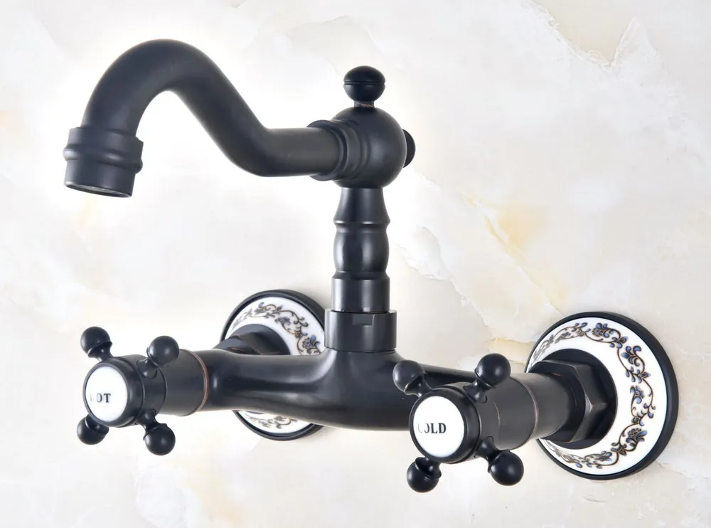Black Oil Rubbed Bronze Brass Two Cross Handles Wall Mount Swivel Spout Kitchen & Bathroom Basin Sink Faucet Mixer Tap anf461