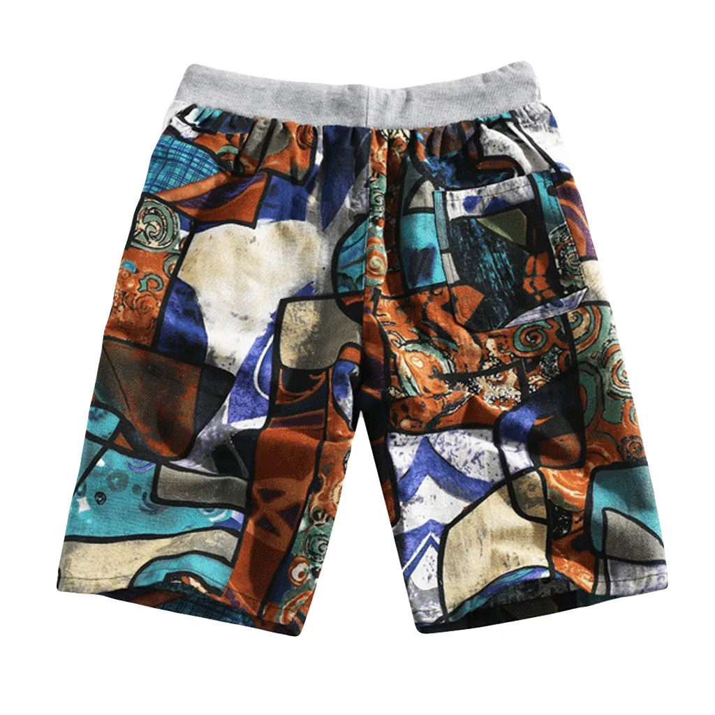 Для мужчин летние Повседневное Этническая Стиль многоцветный печатных свободные льняные прямые упругие талии Короткие пляжные шорты Surffing