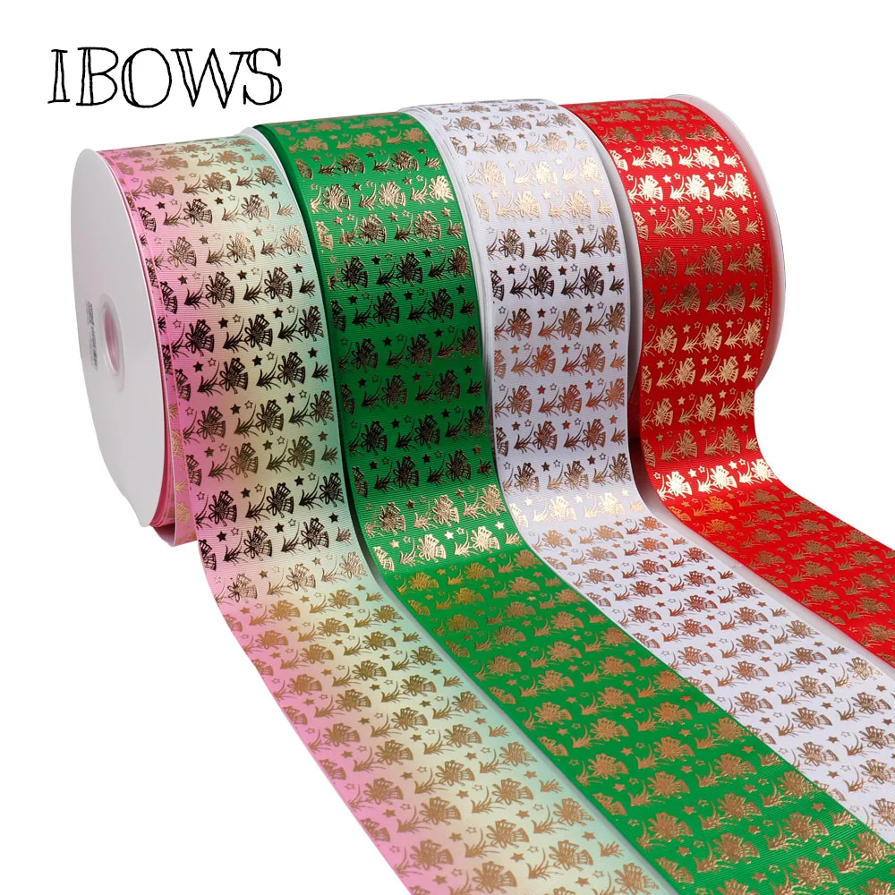 

2yards 3''(75mm) Christmas Grosgrain Ribbon Bronzing Bells Pattern Printed Tape Festival Decoration DIY Patchwork Accessories