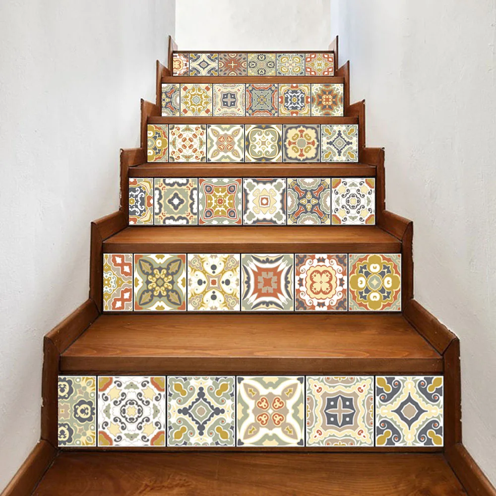 

6pcs/set Arabian Mosaic Tile Style Stairs Decorative Stickers Corridor Staircase Mural Self Adhesive Decals For Home DIY Decor