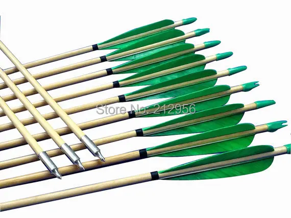 24pcs Fast Shipping Green Turkey Feather Fletched Archery Wooden arrows for Recurve bows Longbow W3GT2