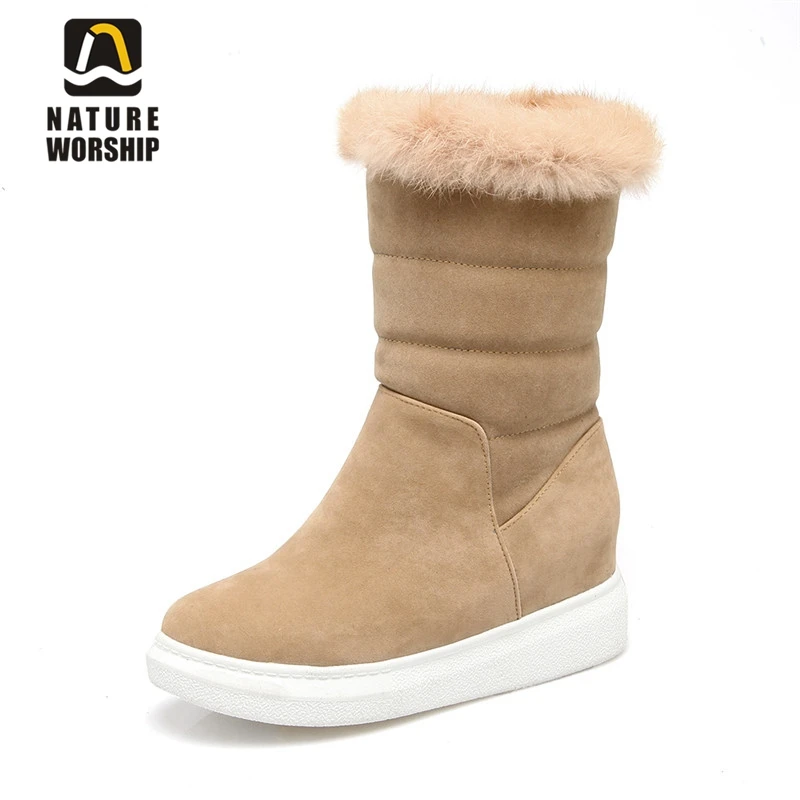 Botas Zapatos Piel Cálido Tamaño Naturaleza La Flock Calientes Adoración Mujeres Invierno Nueva De En Beige Deslizamiento negro Las Moda Felpa Media Altura Grande Plataforma qTUU8R