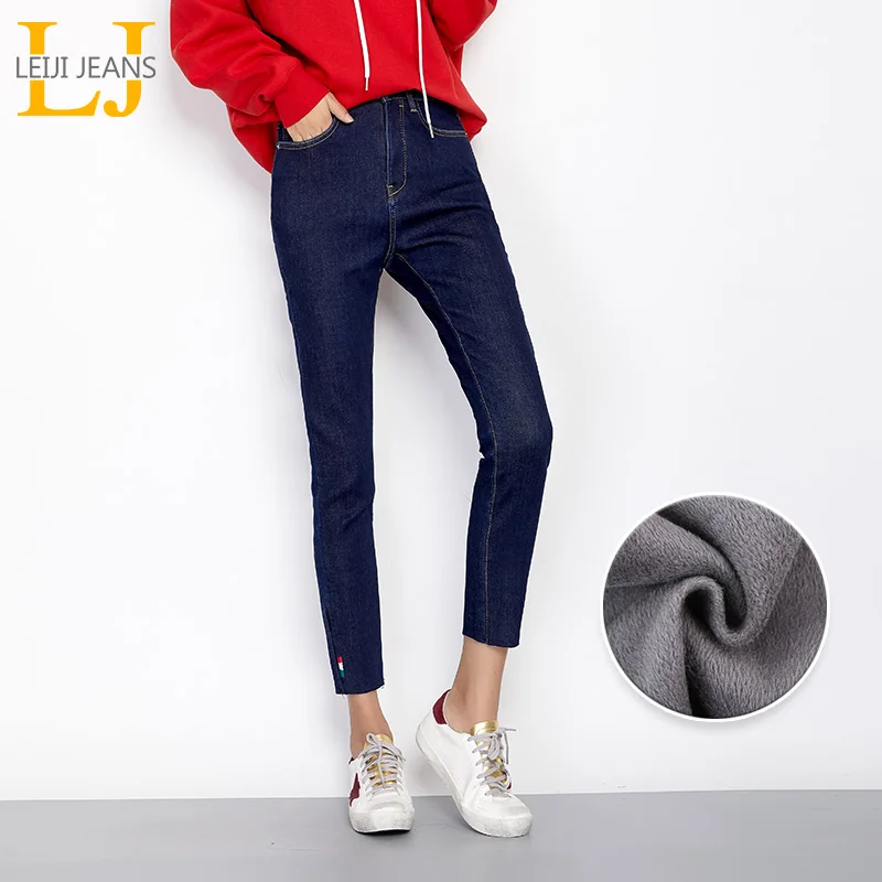 LEIJIJEANS Новые Зимние флисовые High Street Плюс размеры L Синий Высокая талия джинсы для женщин утолщаются по щиколотку узкие джинсы для женщин 7196