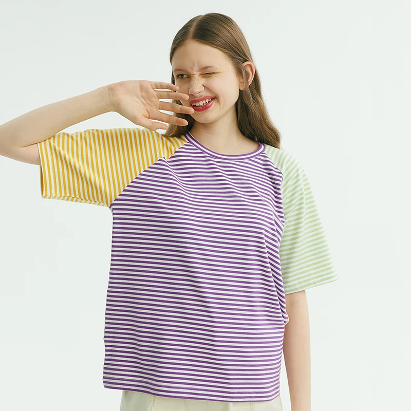 

Harajuku Original Design Summer Loose T-shirt For Women Color Block Stripe Tee Tops O Neck Tshirt