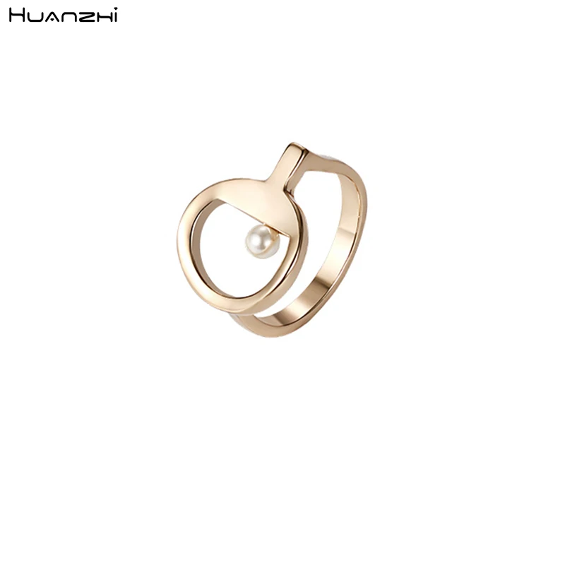 

HUANZHI Gold Color Metal Imitation Pearls Sports Table Tennis Ball Finger Rings For Women Girls Party Travel Jewelry Gift