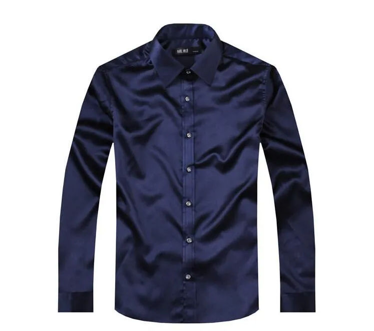 dark blue Большие размеры: S-XXXXXL, Корейская мужская темно-синяя рубашка, приталенная Мужская рубашка, Мужская шелковая рубашка с длинными рукавами, высококачественные мужские рубашки - Цвет: dark blue