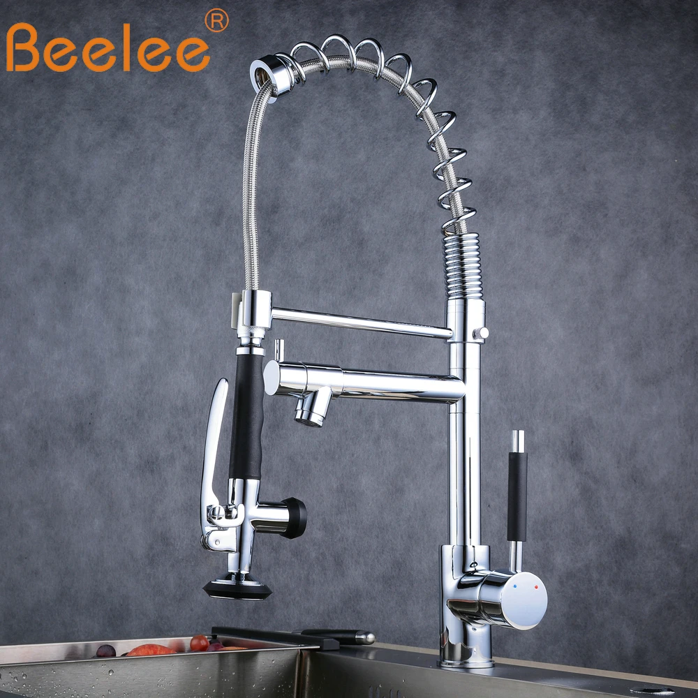 Смеситель для кухни Beelee Pull Down Faucet для кухни хром/никель Твердый Brasss Dual Spouts 360 Поворотный Смеситель для воды