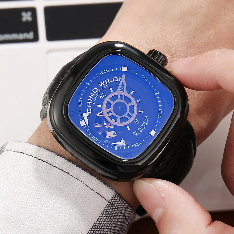 

Square Genuine Leather turbine Hollow sport luxury Tempered glass mirror Blue mechanical watches