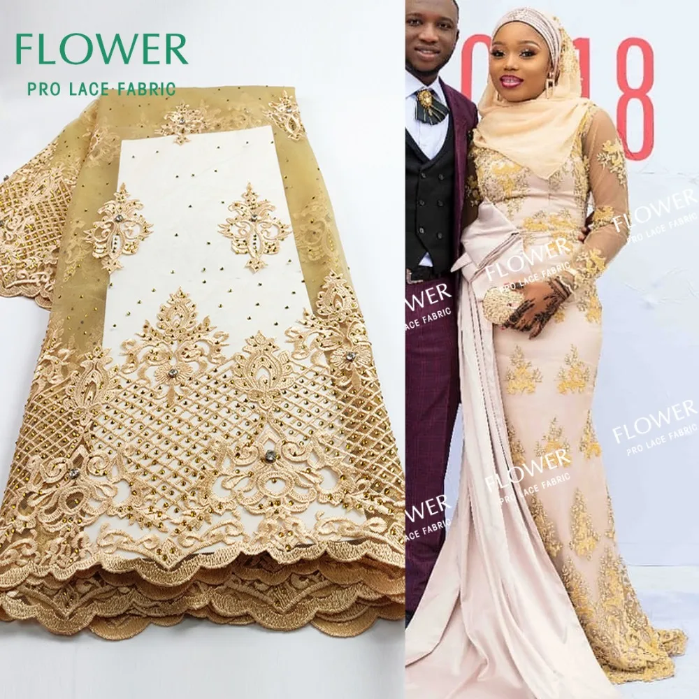 

Beige Color African French Net Lace Fabric Big Colored Stones 2019 High Quality Embroidered Guipure Golden Bride Dress Fabrics