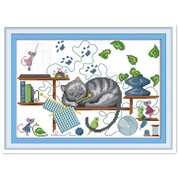 

Knitting Cat Embroidery Cross Set Home Decoration DIY SET DMC Cross Stitch Fabric Chinese Counted Cross Stitch Pattern Painting