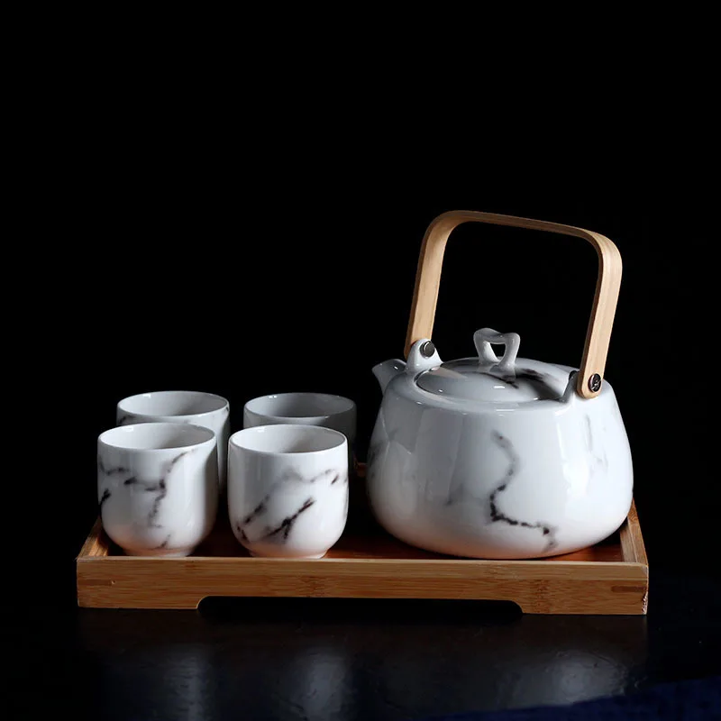 Керамический Мраморный чайный набор, послеобеденный чайный горшок, чашки, набор, ароматизированный чай, деревянный чайный поднос, кухонные аксессуары, украшение комнаты