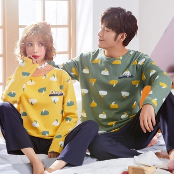 

Autumn Winter Cotton Thick Warm Couple Long Sleeve Pajamas Set Round Neck Leisure Soft Plus Size M-3XL Lovers Pijamas Sleepwear