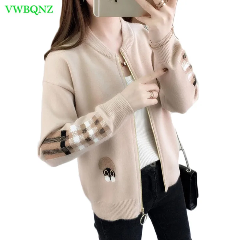 

Spring Cartoon Jacquard Sweater Coat Women Korean Short Sweater Cardigan Women's Loose Low Round neck Camel Sweaters Tide A271