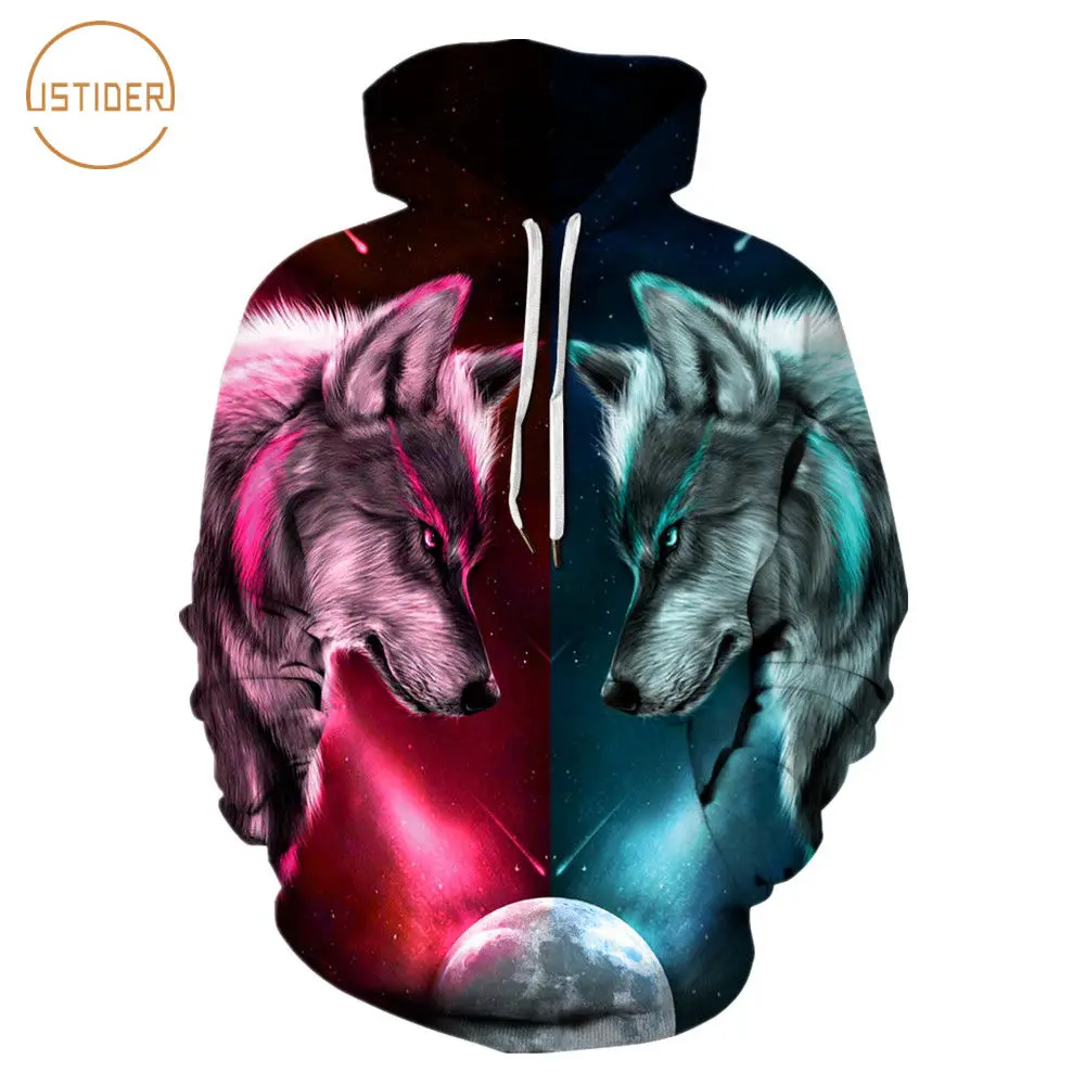ISTider New Design Half Red Blue Fire Ice Wolf Hoodies Men Women Long