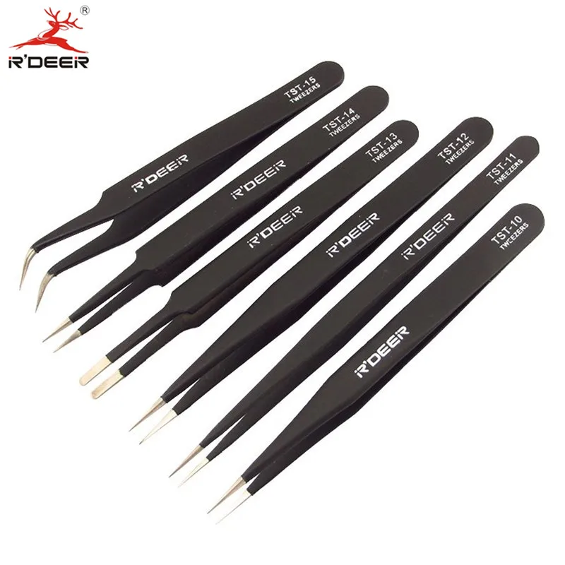 

RDEER 6pcs Tweezer Stainless Steel Anti-Static Curved Straight Tool Cutting Pliers Pincers Pincette Hand Tool Set