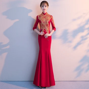 

Novelty Ladies Mermaid Dress Elegant RED Chinese Bride Wedding Party Gowns Classic Slim Qipao Mandarin Collar Cheongsam XS-XXL