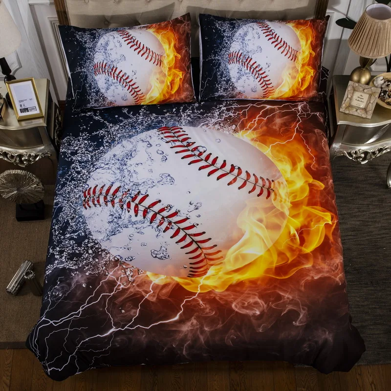 King, Fire & Water BOMCOM 3D Digital Printing Close Up Baseball Ball in Fire Flames and Splashing Water 3-Piece Duvet Cover Sets 100% Microfiber 