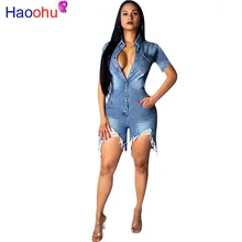 HAOOHU deep V-neck sexy short jean jumpsuit rompers Women blue hollow out bodycon playsuit Summer female club denim overalls