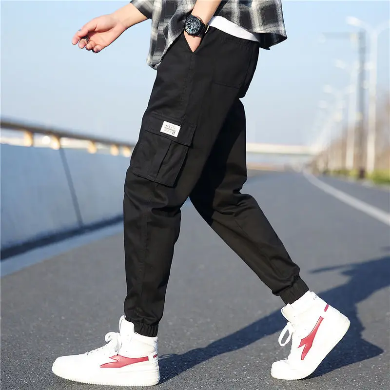 

Hot 2019 Spring Autumn Cargo Elastic Waist Cotton track ankle length pants men teenagers hiking outdoo camping trekking trousers