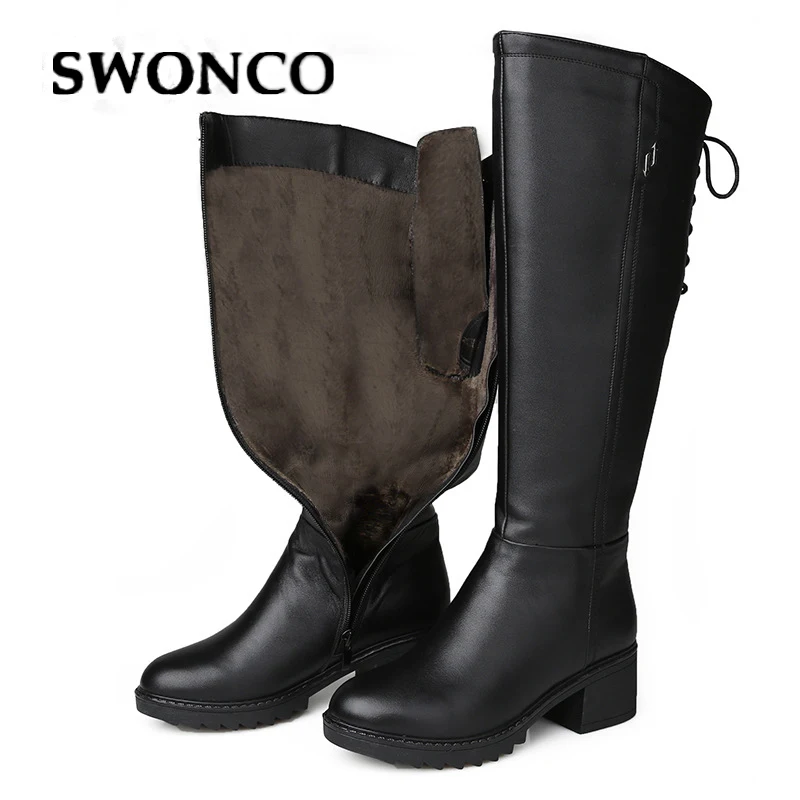 SWONCO/зимние высокие сапоги; Женская шерстяная обувь из натуральной кожи на меху; теплые зимние сапоги; женские ботинки; г.; черные женские сапоги до колена