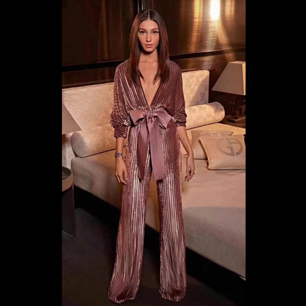 

2019 New Women Long Sleeve Brown Wine Red Deep V Neck Cashes Solid Fashion Jumpsuit Celebrity Verano Clubwear Wholesale Festa