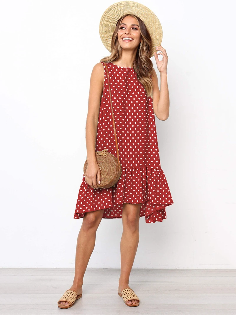 Women's Amazing O-Neck Ruffles Dot Printed Sleeveless Dress-Red