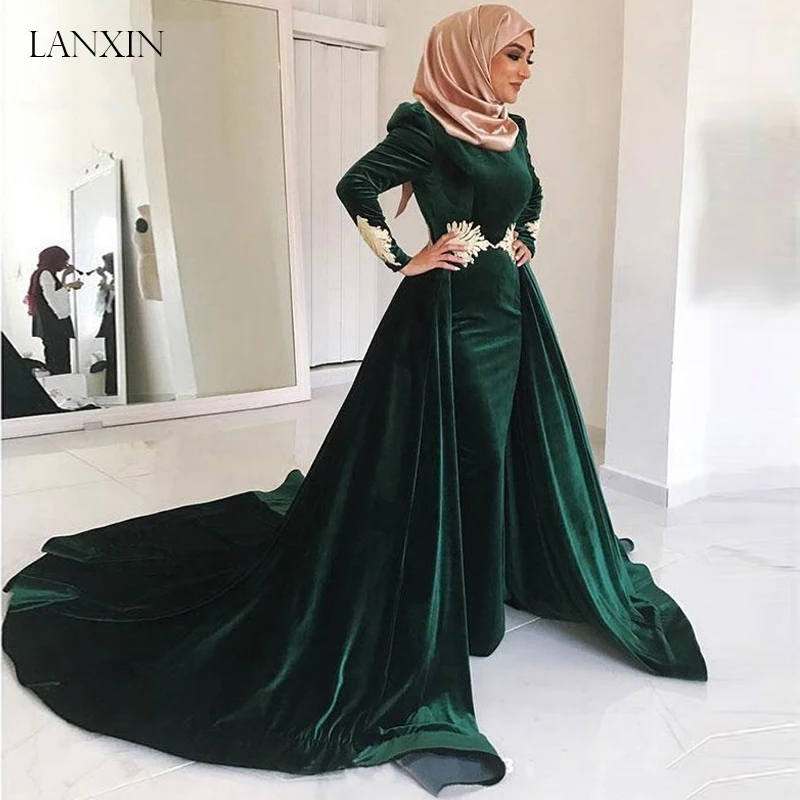 

New Green Velvet Formal Muslim Evening Dresses Arabic Long Sleeve Removeable Train with Lace Prom Dress Party Night Gown