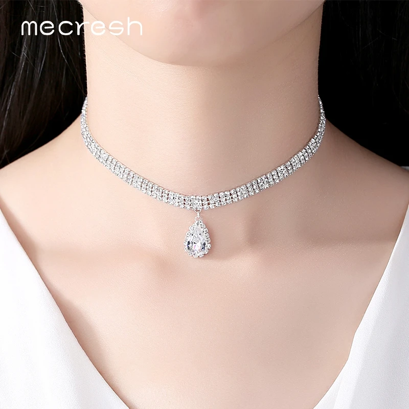 Mecresh, классическое, хрустальное, 3 ряда, серебряная, цветная слеза, колье, ожерелье для женщин, трендовые, стразы, воротник, ожерелье, ювелирное изделие, MXL131