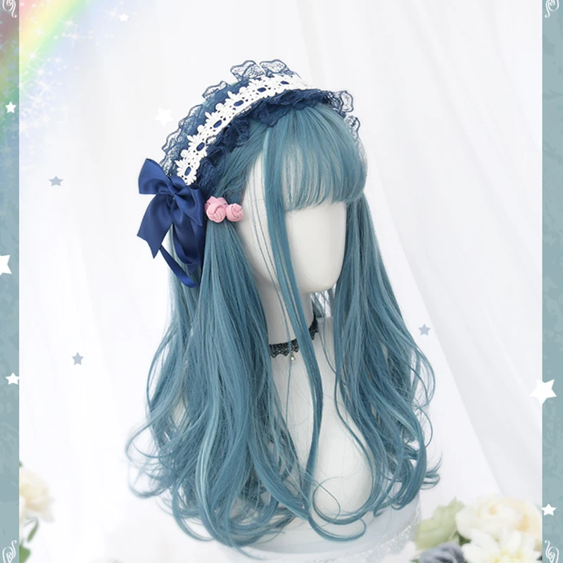 美しいロングカーリー女性コスプレウィッグ合成かつらロリータかわいい青髪の女性のファッションロリータかつらかわいいユニークな Costume Props Aliexpress